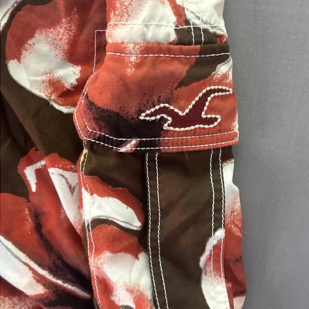 Hollister Mens Floral Orange/Brown Swim Trunks Board Shorts Size Medium Surf Y2K